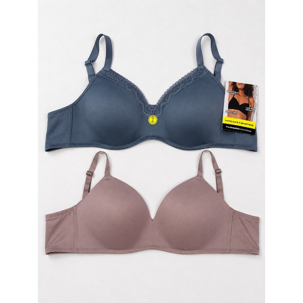 Maidenform 38D Wireless T-Shirt Bra 2 Pack Lace Trim Steel Blue Mauve MBT842